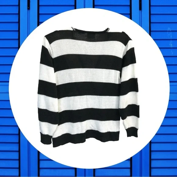 Vintage Leslie Fay Sportswear Black/White Striped Cardigan w Daisies Women Small - Picture 4 of 6